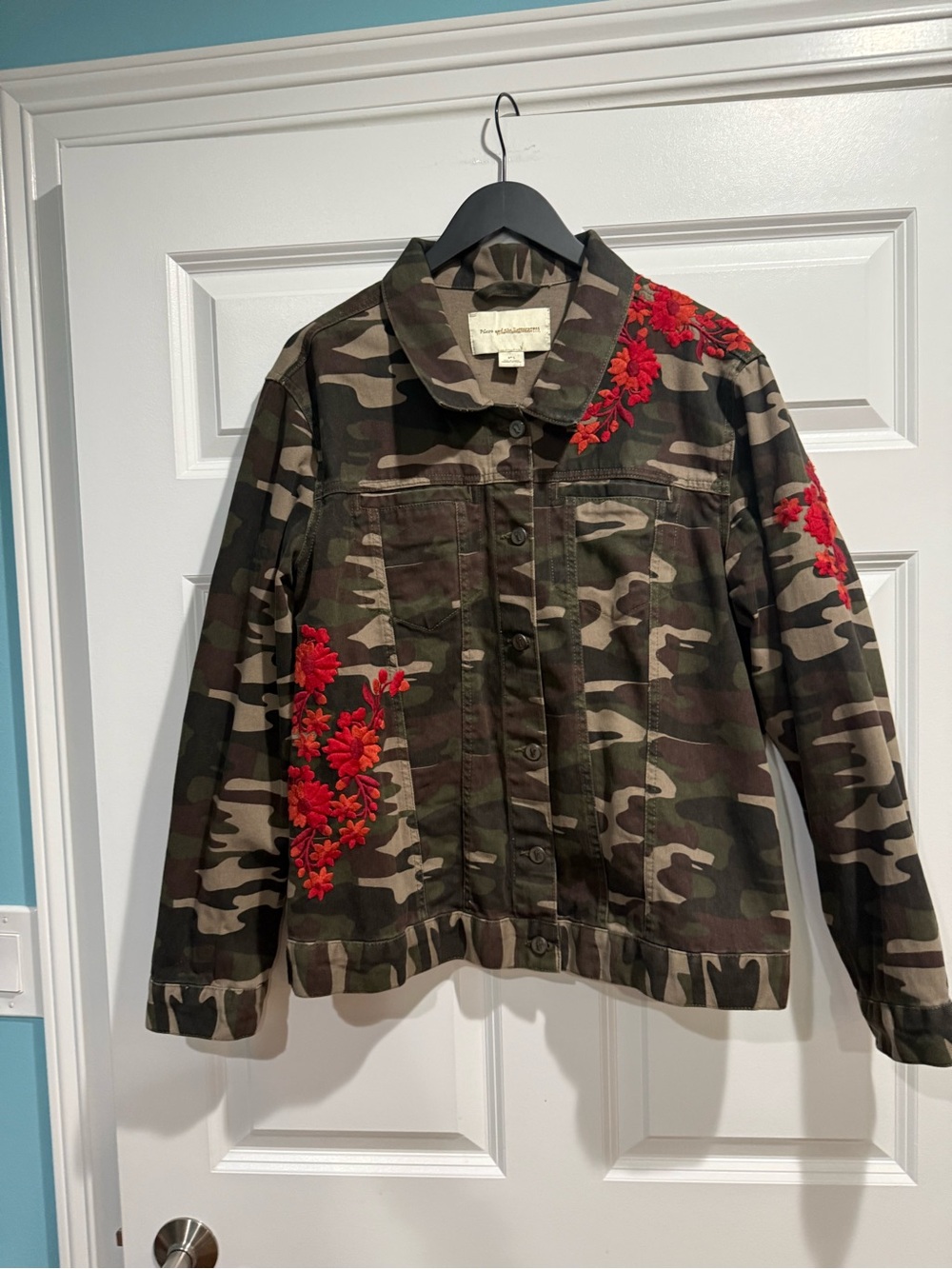 Pilcro and the Letterpress Camouflage Jean Jacket with Floral Embroidery Large